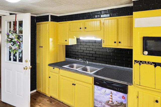 3935 Cranesville Rd, Terra Alta, WV 26764 - kitchen with a sink, tasteful backsplash, dark countertops, dishwashing machine, and black microwave