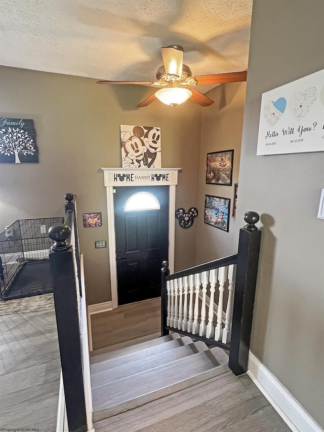 entryway with wood finished floors, baseboards, a textured ceiling, and a ceiling fan