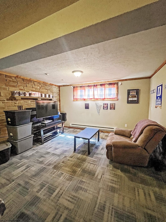 carpeted living area with baseboard heating, crown molding, and a textured ceiling