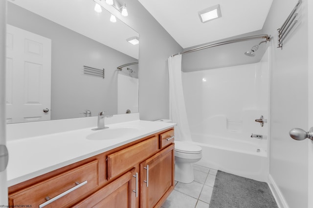 full bath featuring tile patterned floors, vanity, shower / bathtub combination with curtain, and toilet