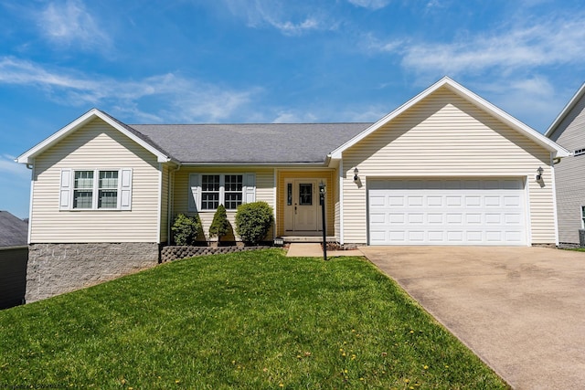 single story home with an attached garage, a front lawn, and driveway
