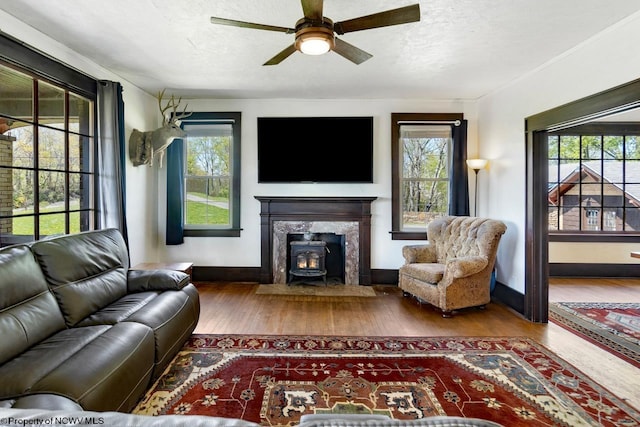 1042 Fort Martin Rd, Maidsville, WV 26541 - living room with a textured ceiling, a ceiling fan, and wood-type flooring