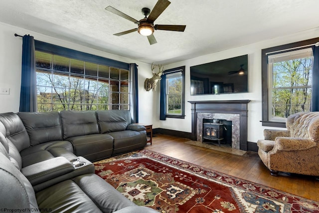 1042 Fort Martin Rd, Maidsville, WV 26541 - living area featuring hardwood / wood-style flooring, a ceiling fan, a wood stove, and baseboards