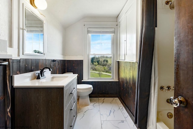 1042 Fort Martin Rd, Maidsville, WV 26541 - full bath featuring marble finish floor, vaulted ceiling, wood walls, a wainscoted wall, and vanity