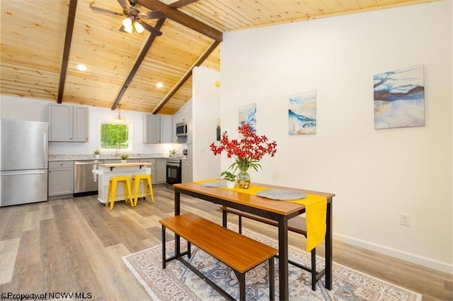 dining area with wood ceiling, beamed ceiling, ceiling fan, light wood-type flooring, and high vaulted ceiling