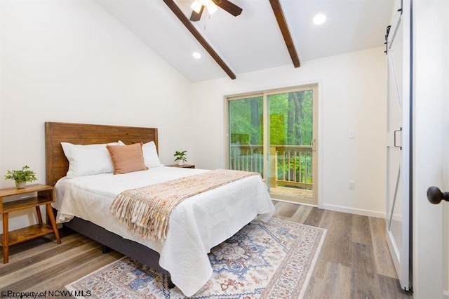 bedroom featuring recessed lighting, access to exterior, vaulted ceiling with beams, and wood finished floors