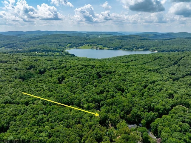 aerial view with a wooded view and a water and mountain view
