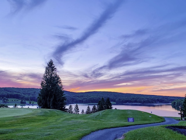 surrounding community featuring a lawn and a water view