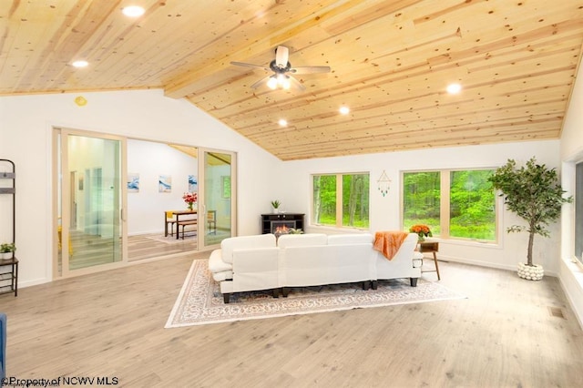 bedroom featuring recessed lighting, wooden ceiling, vaulted ceiling with beams, light wood-style flooring, and baseboards