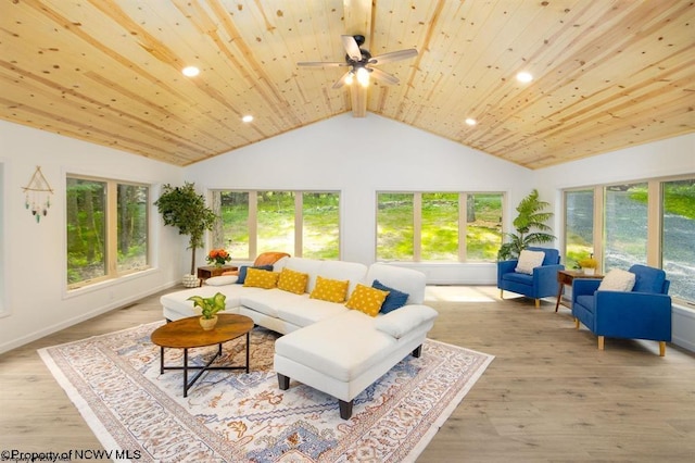 living area featuring lofted ceiling, recessed lighting, a ceiling fan, and wooden ceiling