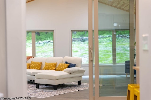 living area with vaulted ceiling and wood finished floors