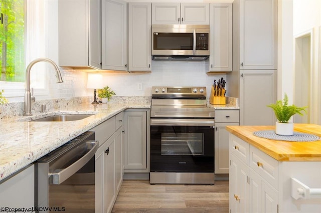 kitchen featuring a sink, wood counters, stainless steel appliances, tasteful backsplash, and light wood-style flooring