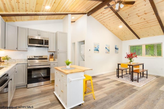 kitchen with wood ceiling, beam ceiling, light wood-style floors, and stainless steel appliances