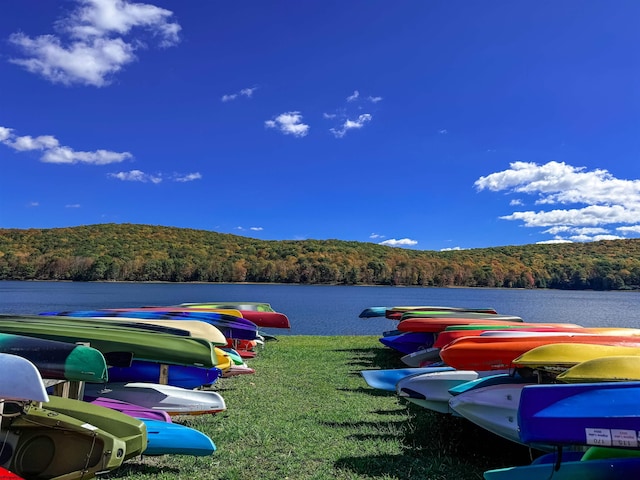 view of dock featuring a wooded view, a water view, and a lawn
