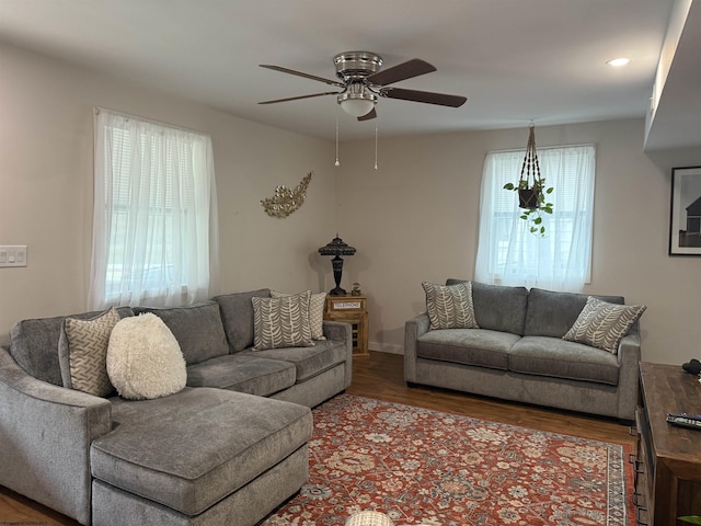 living room featuring recessed lighting, wood finished floors, and ceiling fan
