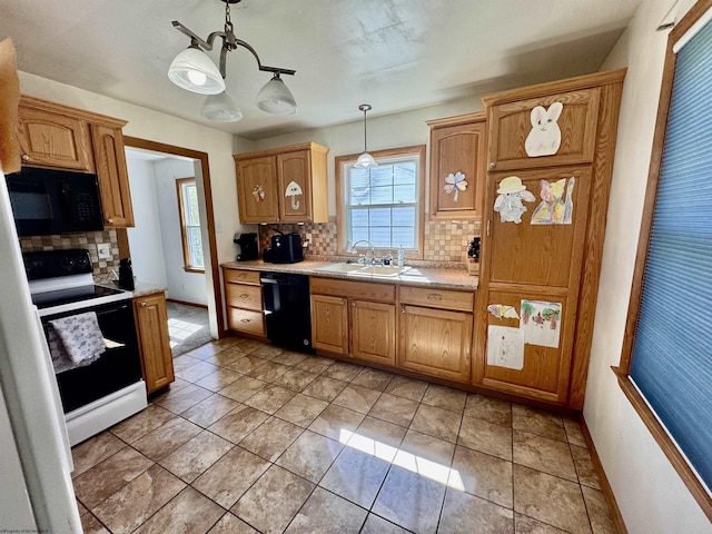 1223 Katherine St, Fairmont, WV 26554 - kitchen with a sink, decorative backsplash, light countertops, black appliances, and pendant lighting