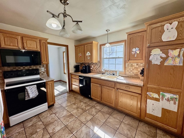 1223 Katherine St, Fairmont, WV 26554 - kitchen with tasteful backsplash, light countertops, black appliances, a sink, and pendant lighting