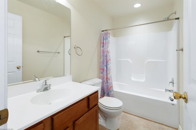 bathroom featuring recessed lighting, vanity, shower / bath combination with curtain, toilet, and tile patterned flooring