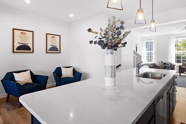 kitchen with stainless steel dishwasher, light countertops, light wood finished floors, a sink, and open floor plan