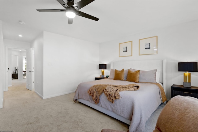 carpeted bedroom with recessed lighting, a ceiling fan, and baseboards