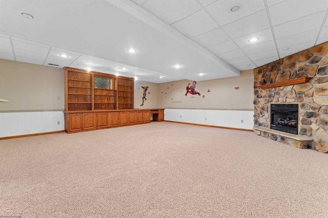 2254 Lakeside Ests, Morgantown, WV 26508 - finished basement with a fireplace, wainscoting, carpet floors, a drop ceiling, and recessed lighting