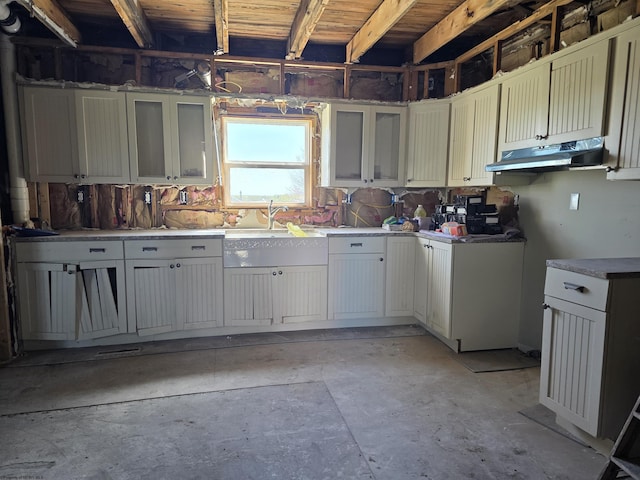 kitchen with a sink, light countertops, concrete floors, under cabinet range hood, and glass insert cabinets