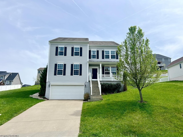 view of front of home featuring a porch, stairway, a front lawn, concrete driveway, and an attached garage