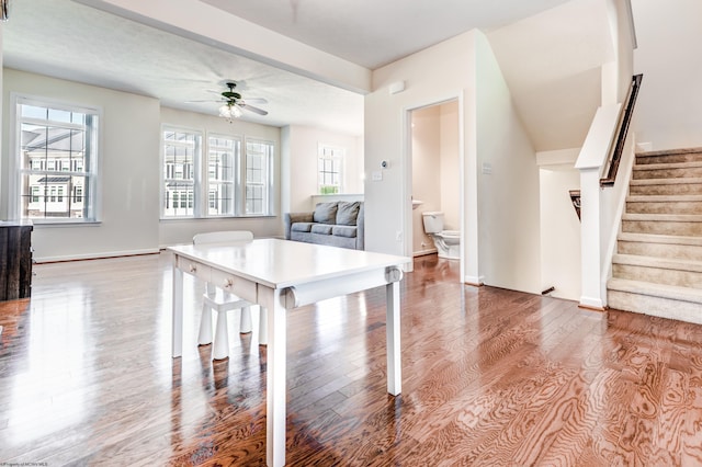 3005 Sun Vw, Morgantown, WV 26505 - dining area with stairway, baseboards, a ceiling fan, and wood finished floors