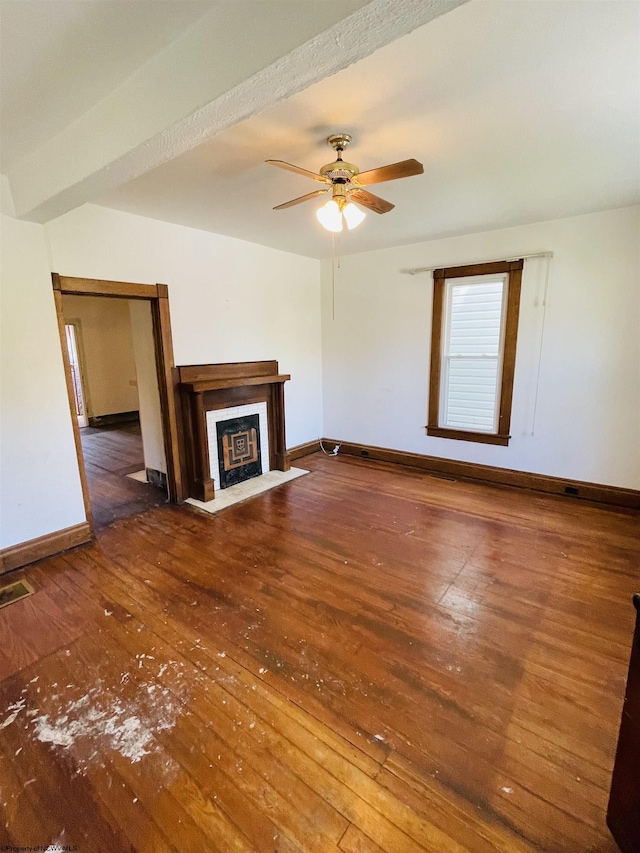 520 Mount Vernon Ave, Fairmont, WV 26554 - unfurnished living room with visible vents, baseboards, ceiling fan, hardwood / wood-style flooring, and a fireplace with flush hearth