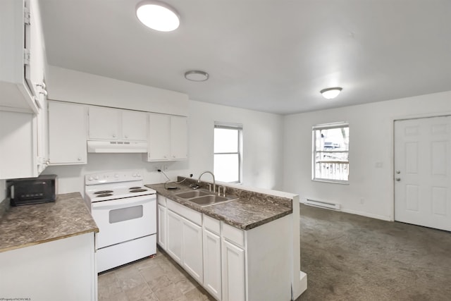 kitchen featuring electric range, a peninsula, a baseboard radiator, under cabinet range hood, and a sink