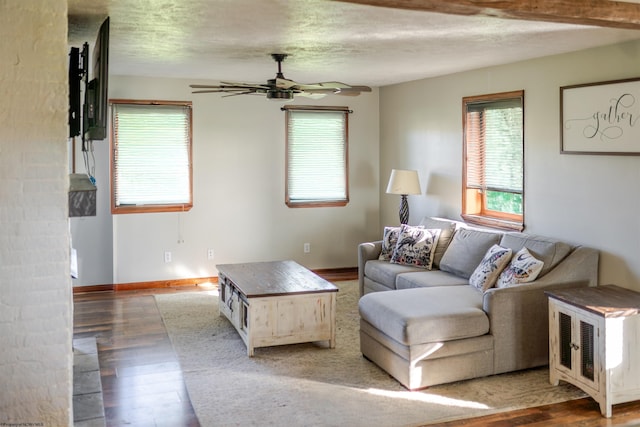 living room featuring baseboards, a ceiling fan, wood finished floors, and a wealth of natural light