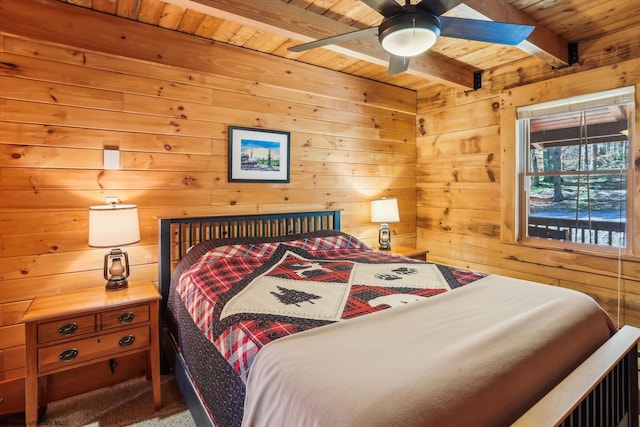 79 Pines Dr, Davis, WV 26260 - carpeted bedroom with wood ceiling, wooden walls, and beamed ceiling