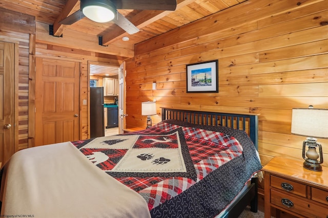 79 Pines Dr, Davis, WV 26260 - bedroom featuring freestanding refrigerator, beamed ceiling, wood walls, and wood ceiling