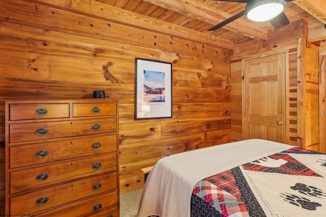 79 Pines Dr, Davis, WV 26260 - bedroom featuring wooden walls, beamed ceiling, wooden ceiling, and a sauna