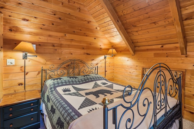 79 Pines Dr, Davis, WV 26260 - carpeted bedroom with wood walls, wooden ceiling, and beamed ceiling