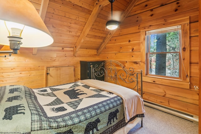 79 Pines Dr, Davis, WV 26260 - bedroom featuring carpet floors, wood walls, wood ceiling, and beam ceiling