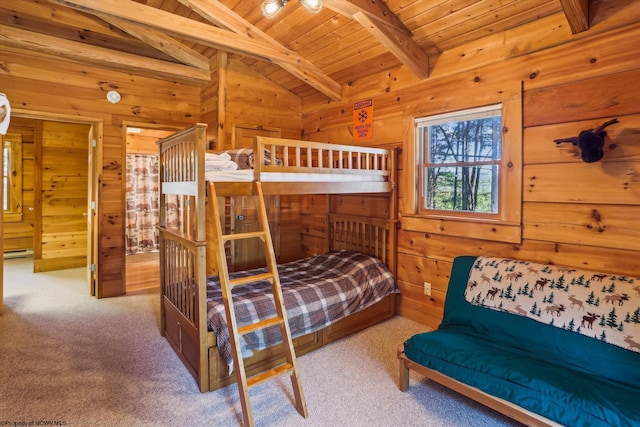 79 Pines Dr, Davis, WV 26260 - carpeted bedroom with wood ceiling, vaulted ceiling with beams, and wood walls