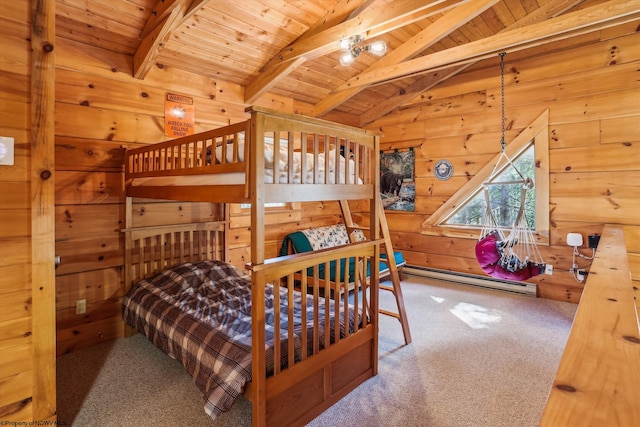 79 Pines Dr, Davis, WV 26260 - bedroom featuring wooden ceiling, carpet floors, lofted ceiling with beams, and a baseboard heating unit