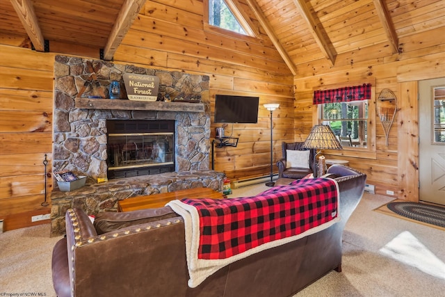 79 Pines Dr, Davis, WV 26260 - carpeted living area featuring vaulted ceiling with beams, wood walls, wood ceiling, and a fireplace