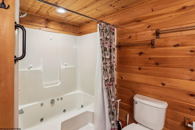 79 Pines Dr, Davis, WV 26260 - full bath with toilet, wooden ceiling, and shower / tub combo with curtain