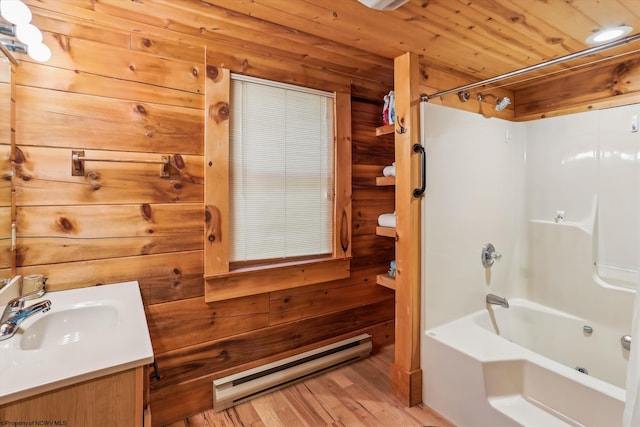 79 Pines Dr, Davis, WV 26260 - bathroom with vanity, shower / bathtub combination, wood finished floors, a baseboard heating unit, and wood ceiling