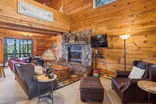 79 Pines Dr, Davis, WV 26260 - living area with carpet floors, a high ceiling, and wood walls