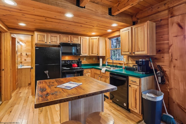79 Pines Dr, Davis, WV 26260 - kitchen featuring a sink, wooden ceiling, black appliances, light wood finished floors, and butcher block counters