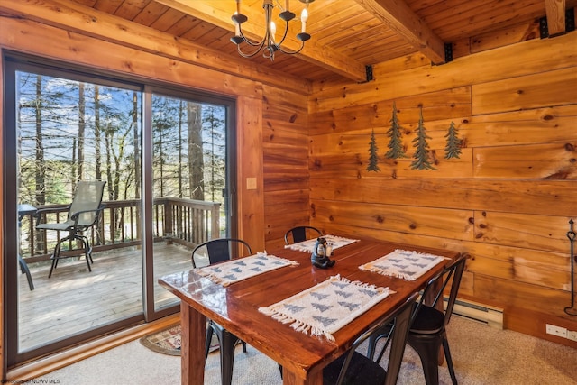 79 Pines Dr, Davis, WV 26260 - dining space with wooden walls, baseboard heating, a chandelier, wooden ceiling, and beamed ceiling