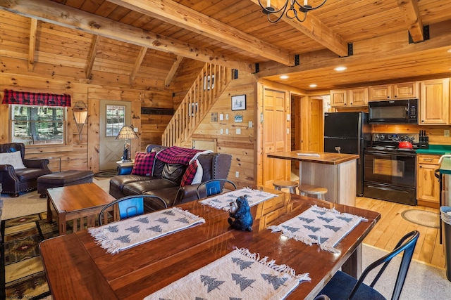 79 Pines Dr, Davis, WV 26260 - dining space featuring wood walls, stairs, wood ceiling, a chandelier, and light wood finished floors