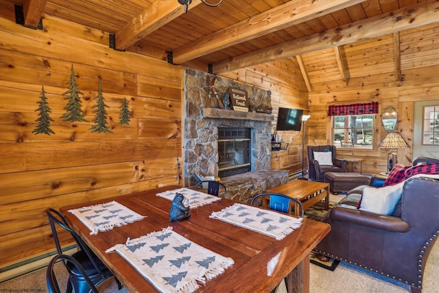 79 Pines Dr, Davis, WV 26260 - carpeted dining area featuring wood ceiling, lofted ceiling with beams, and wood walls
