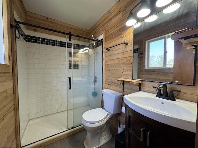 143 Sunday Dr, Fairmont, WV 26554 - bathroom featuring wooden walls, a shower stall, and toilet