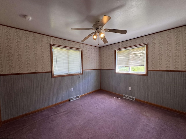 143 Sunday Dr, Fairmont, WV 26554 - spare room featuring visible vents, a ceiling fan, baseboards, and a wainscoted wall