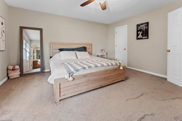 bedroom featuring carpet floors, baseboards, and ceiling fan