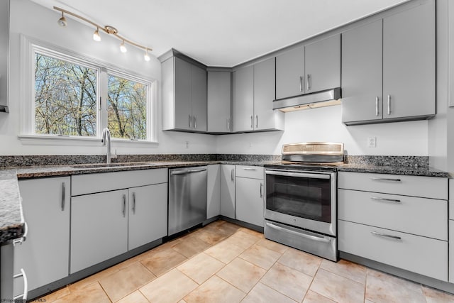 kitchen featuring a healthy amount of sunlight, gray cabinets, under cabinet range hood, a sink, and appliances with stainless steel finishes